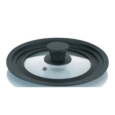 Runder Glasdeckel mit schwarzem Silikonrand und schwarzem Deckelknopf