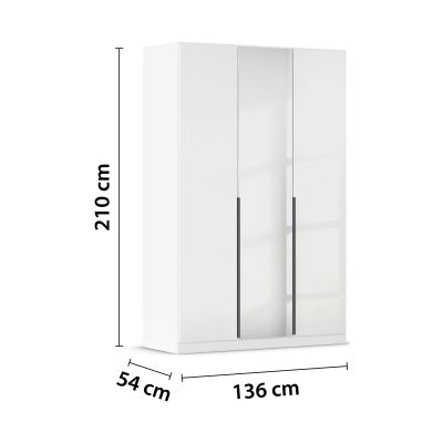 Drehtürenschrank in Weiß Hochglanz mit drei Türen und Spiegeltür, inklusive Maßangaben 136 cm Breite, 210 cm Höhe und 54 cm Tiefe