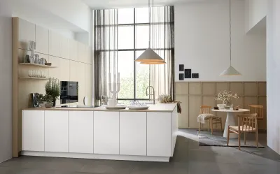Helle Nolte Neo Küche neoLEAF mit Sandeschefronten und weißen Softmattflächen im skandinavischen Stil