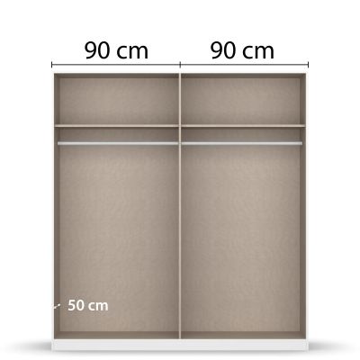 Innenansicht eines 4-türigen Kleiderschranks mit zwei Bereichen, Einlegeböden und Kleiderstangen, jeweils 90 cm breit