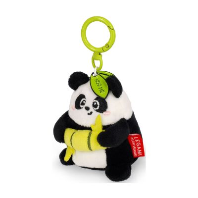 Panda-Plüsch-Schlüsselanhänger mit Bambus, leicht seitlich mit Schlüsselring gezeigt.