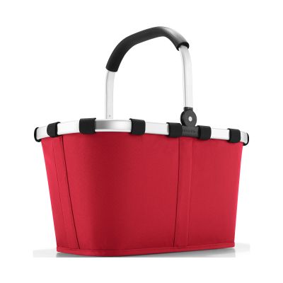 Einkaufskorb von Reisenthel, Modell Carrybag, in Rot, frontal mit hochgestelltem Aluminiumgriff.