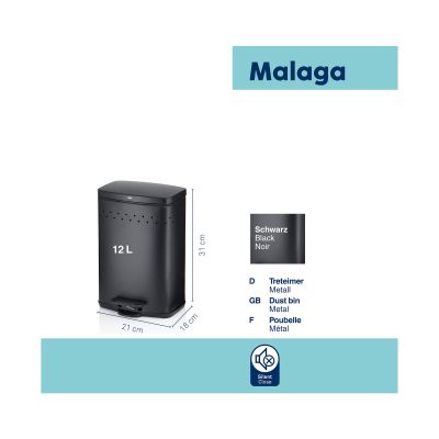 Informationsgrafik mit mattschwarzem Kosmetikeimer Malaga und ergänzenden Angaben zu den Produkteigenschaften