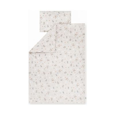 Geöffnetes Kinderbettwäsche-Set mit Deckenbezug und Kopfkissen in Beige mit Safari-Tieren