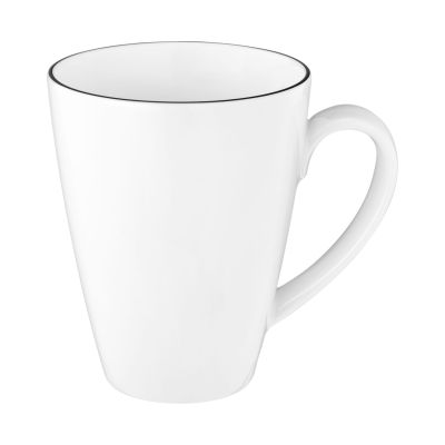 Becher in Weiß mit schwarzer Randlinie; hoch und leicht konisch mit Henkel. Ansicht: Seitenansicht.