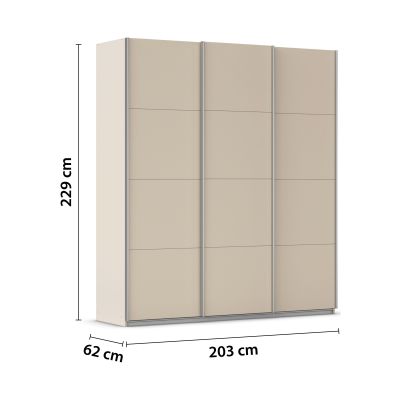 Champagnerfarbener Kleiderschrank mit eingezeichneten Maßen Höhe 229 cm Breite 203 cm Tiefe 62 cm