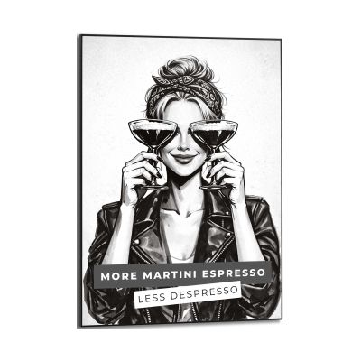 Frontansicht des Wandbilds „Less Depresso“ in Schwarz-Weiß, Größe 50 × 70 cm; das vollständige Motiv ist zu sehen.