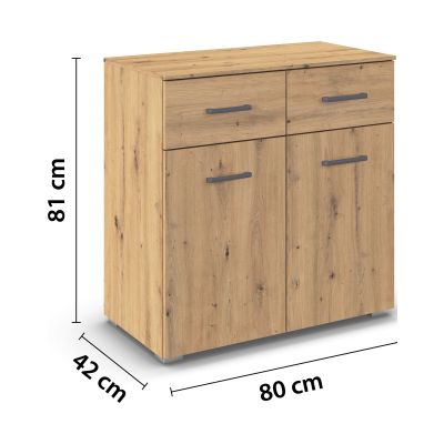 Sideboard in Eiche Optik mit Maßangaben Breite 80 cm, Höhe 81 cm und Tiefe 42 cm mit Türen und Schubladen