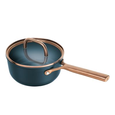 Stieltopf mit langem Griff und Glasdeckel, Serie Milano von ZWILLING, in Blau, Ø 18 cm, freigestellt auf weißem Hintergrund.