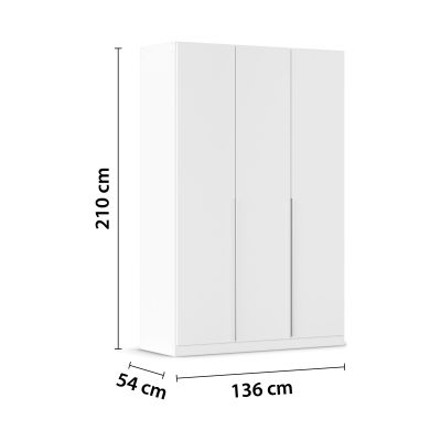 Weißer Kleiderschrank mit eingezeichneten Maßen von 210 cm Höhe, 136 cm Breite und 54 cm Tiefe