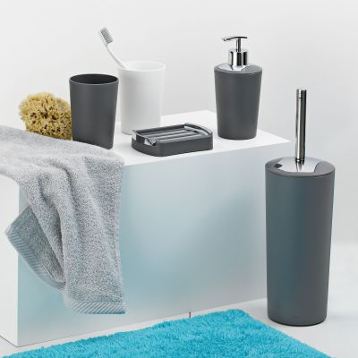 WC Garnitur in Grau neben abgestimmtem Seifenspender Becher und Seifenschale auf einer Badezimmerablage
