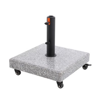 Quadratischer Granit-Schirmständer mit stabilem Stahlrohr und vier leichtgängigen Rollen, ideal für große Sonnenschirme.