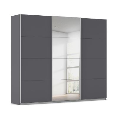 Moderner Schwebetürenschrank in Grau mit mittiger Spiegeltür und klarer Linienoptik
