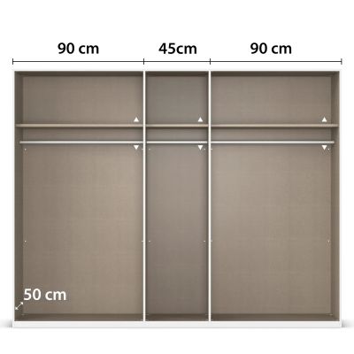 Innenansicht eines 5-türigen Kleiderschranks mit drei Fächern, Einlegeböden und Kleiderstangen, mittleres Fach 45 cm breit