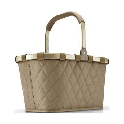 Einkaufskorb von Reisenthel, Modell Carrybag, in Olivbeige mit Rautensteppung und hellen Rahmendetails, frontal mit hochgestelltem Griff.