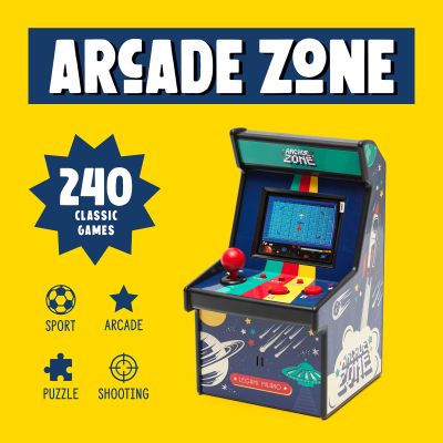 Mini-Arcade-Spiel mit Weltraumdesign, in einer gelben Grafik mit Hinweis auf viele enthaltene Spiele gezeigt.