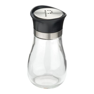 Pfefferstreuer Glas/Edelstahl Life Style: klarer Glas-Pfefferstreuer mit schwarzem Oberteil, Edelstahlring und kleiner Lochgruppe auf der Streufläche.
