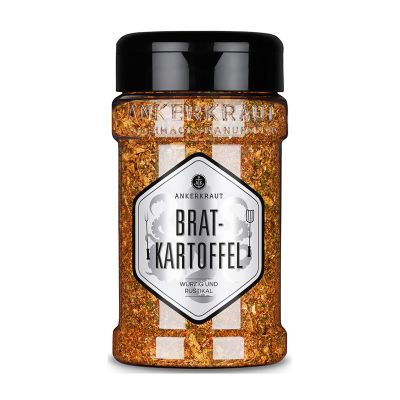 Bratkartoffel-Gewürz im hohen Ankerkraut-Streuer mit schwarzem Deckel, weißem Wappenetikett und orangebraunem Inhalt.