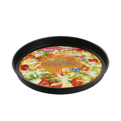 Backblech mit Verpackung und Produktinformationen für Pizza und Kuchen