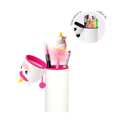 Weißes 2-in-1-Silikon-Federmäppchen im Einhorn-Design, teilweise geöffnet mit eingeblendeter Darstellung der verstellbaren Höhe gezeigt.