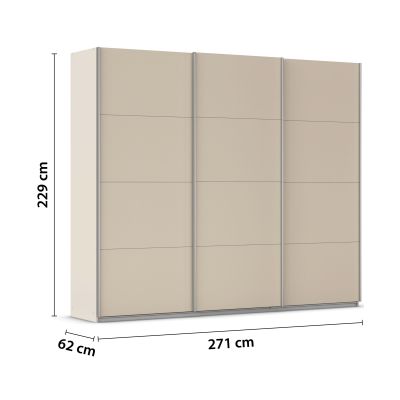 Champagnerfarbener Schwebetürenschrank mit Maßangaben 271 cm Breite, 229 cm Höhe und 62 cm Tiefe