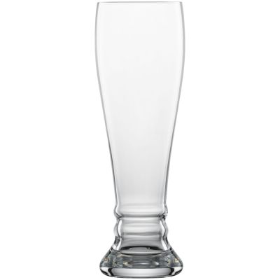 Freigestelltes leeres geschwungenes Beer-Basic-Weizenbierglas, frontal mit vollständig sichtbarer Kontur und Glasboden.