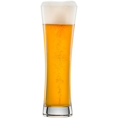 Schlankes Beer-Basic-Weizenbierglas mit goldenem Bier und heller Schaumkrone auf weißem Hintergrund.