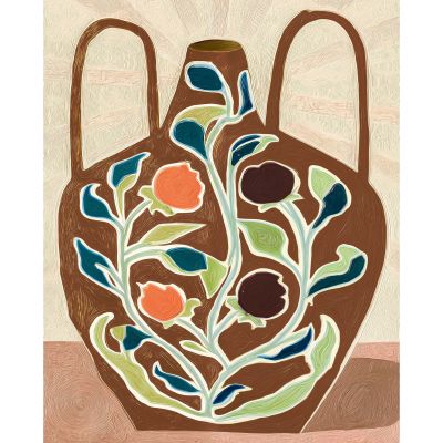 Hochformatiges Wandbild mit stilisierter brauner Vase und buntem Blumenmotiv in Gelb, Türkis, Orange und Dunkelbraun vor beigefarbenem Hintergrund