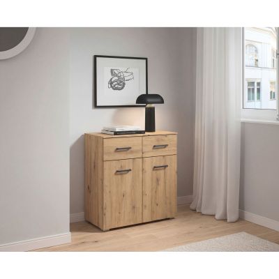 Sideboard in Eiche Optik mit Türen und Schubladen dekoriert im modernen Wohnraum mit Lampe und Bild