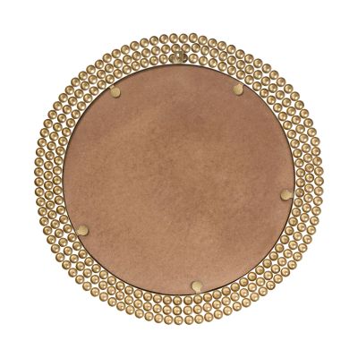 Spiegel Amila in Gold, von der Rückseite mit runder Trägerplatte und umlaufendem Kugelrahmen; Maße ca. 76 x 76 x 2 cm.