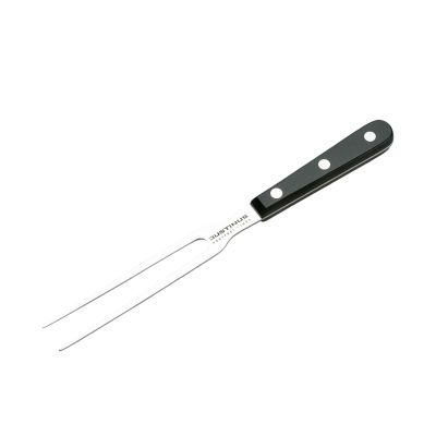 Fleischgabel Küchenchef: Fleischgabel mit zwei langen Edelstahlzinken und schwarzem dreifach vernietetem Griff, diagonal freigestellt.