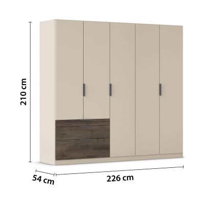 Drehtürenschrank in Champagner mit Absatz in Oak Dunkel, in Schrägansicht mit eingeblendeten Maßen gezeigt.