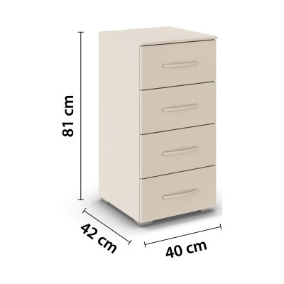 Schmale Kommode in Beige mit Maßangaben Breite 40 cm, Höhe 81 cm und Tiefe 42 cm mit vier Schubladen