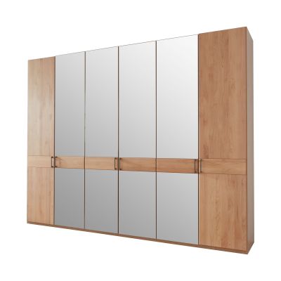 Großer Kleiderschrank mit mehreren Drehtüren in natürlicher Holzoptik und grauen Fronten mit durchgehender Querblende und Metallgriffen