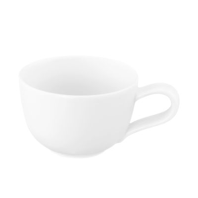 schräge Ansicht mit Henkel: Tasse in Weiß. Erkennbar: kompakte geradlinige Form mit eckigem Henkel.