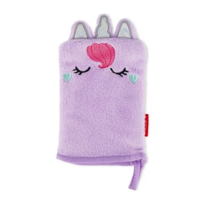 Lilafarbener Abschminkhandschuh im Einhorn-Design, aufrecht mit Tierohren, Gesicht und Schlaufe dargestellt.