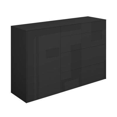Modernes Sideboard in Hochglanz Schwarz mit glatter Oberfläche, zwei Türen und drei zentralen Schubladen in perspektivischer Ansicht