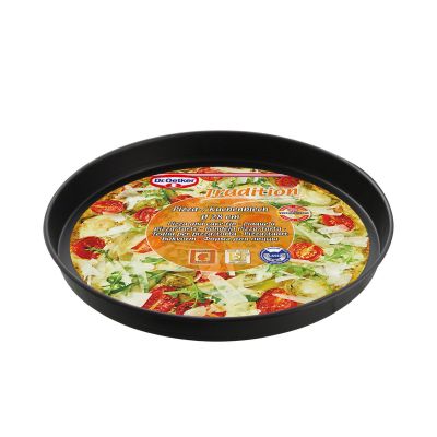 Rundes Backblech mit Verpackung und Abbildung einer belegten Pizza