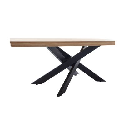 Esstisch mit rechteckiger Holzplatte und X Gestell aus seitlicher Perspektive