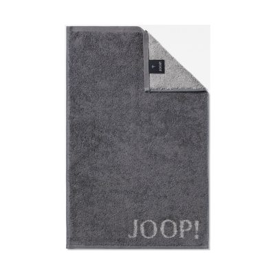 Anthrazitfarbener JOOP! Doubleface Gästetuch, 30 × 50 cm, flach dargestellt mit umgeschlagener Ecke, kontrastierender Rückseite und JOOP!-Schriftzug am unteren Rand.