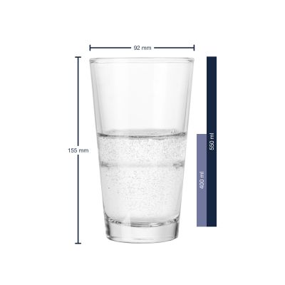 Detailaufnahme eines hohen Trinkglases mit sprudelndem Wasser und Maßangaben 92 mm Durchmesser und 155 mm Höhe