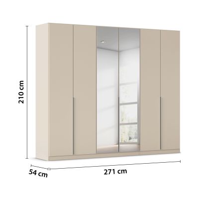 Champagnerfarbener Kleiderschrank mit Spiegeltüren und Maßangaben 271 cm Breite, 210 cm Höhe und 54 cm Tiefe