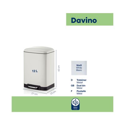 Verpackungsansicht mit weißem Treteimer und technischen Angaben zum Modell Davino