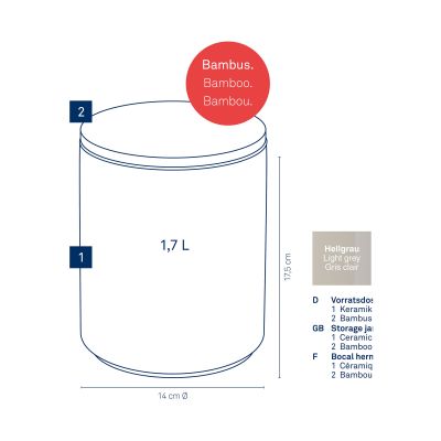 Schematische Darstellung der Vorratsdose mit Angaben zu Höhe Durchmesser und einem Fassungsvermögen von 1,2 Litern