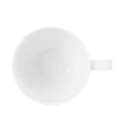 Tasse in Weiß. kleine geradlinige Form mit Henkel. Ansicht: Draufsicht.