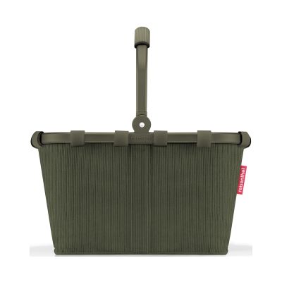 Kleiner Einkaufskorb von Reisenthel, Modell Carrybag XS, in Dunkelgrün aus geripptem Cord, von hinten mit hochgestelltem Griff.