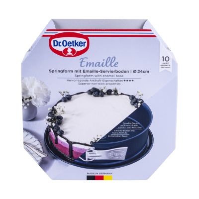Verpackung der Emaille Springform 24 cm von Dr Oetker mit dekoriertem Kuchen