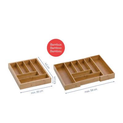 Produktansicht von zwei Besteckkästen aus Holz mit Fachaufteilung und Materialhinweis