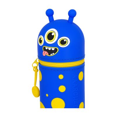 Blaues 2-in-1-Silikon-Federmäppchen im Monster-Design, geschlossen in Nahansicht mit Monstergesicht gezeigt.