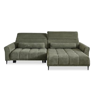 Modernes Ecksofa in grünem Cordstoff mit geradlinigem Design und schwarzen Metallfüßen.